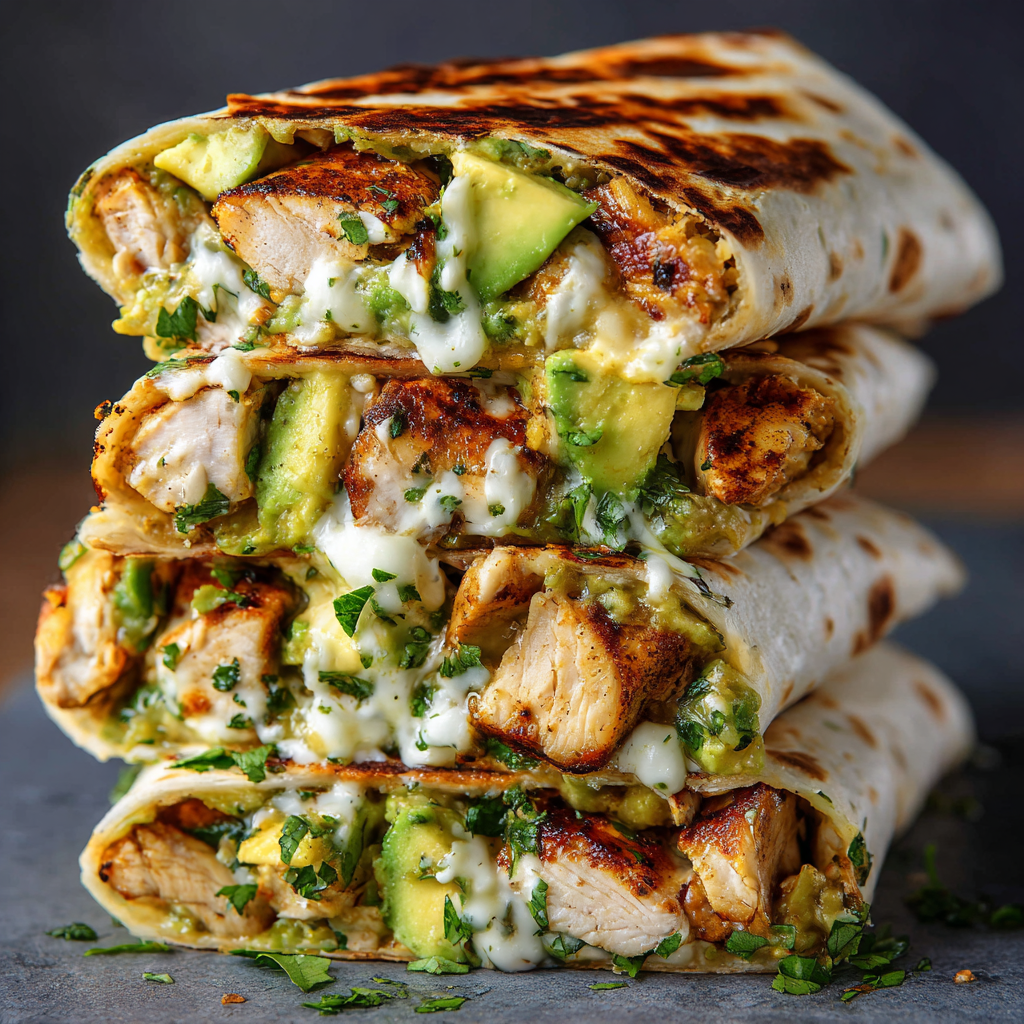 Cheesy Grilled Chicken & Avocado Burritos